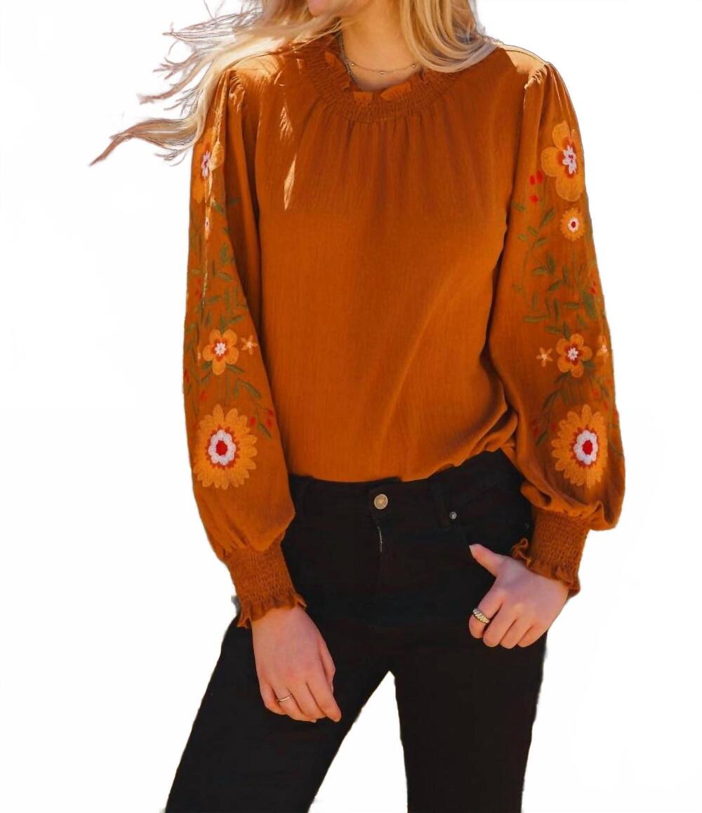 NEW ODDI embroidered long sleeve blouse - plus in toffee